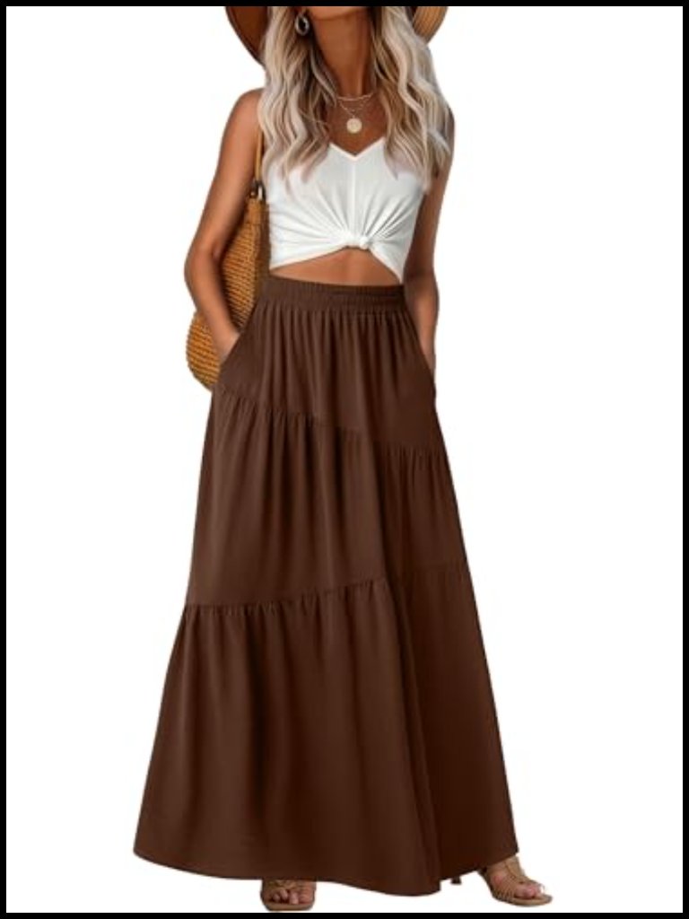 High Waist Tiered A-Line Maxi Skirt With Pockets